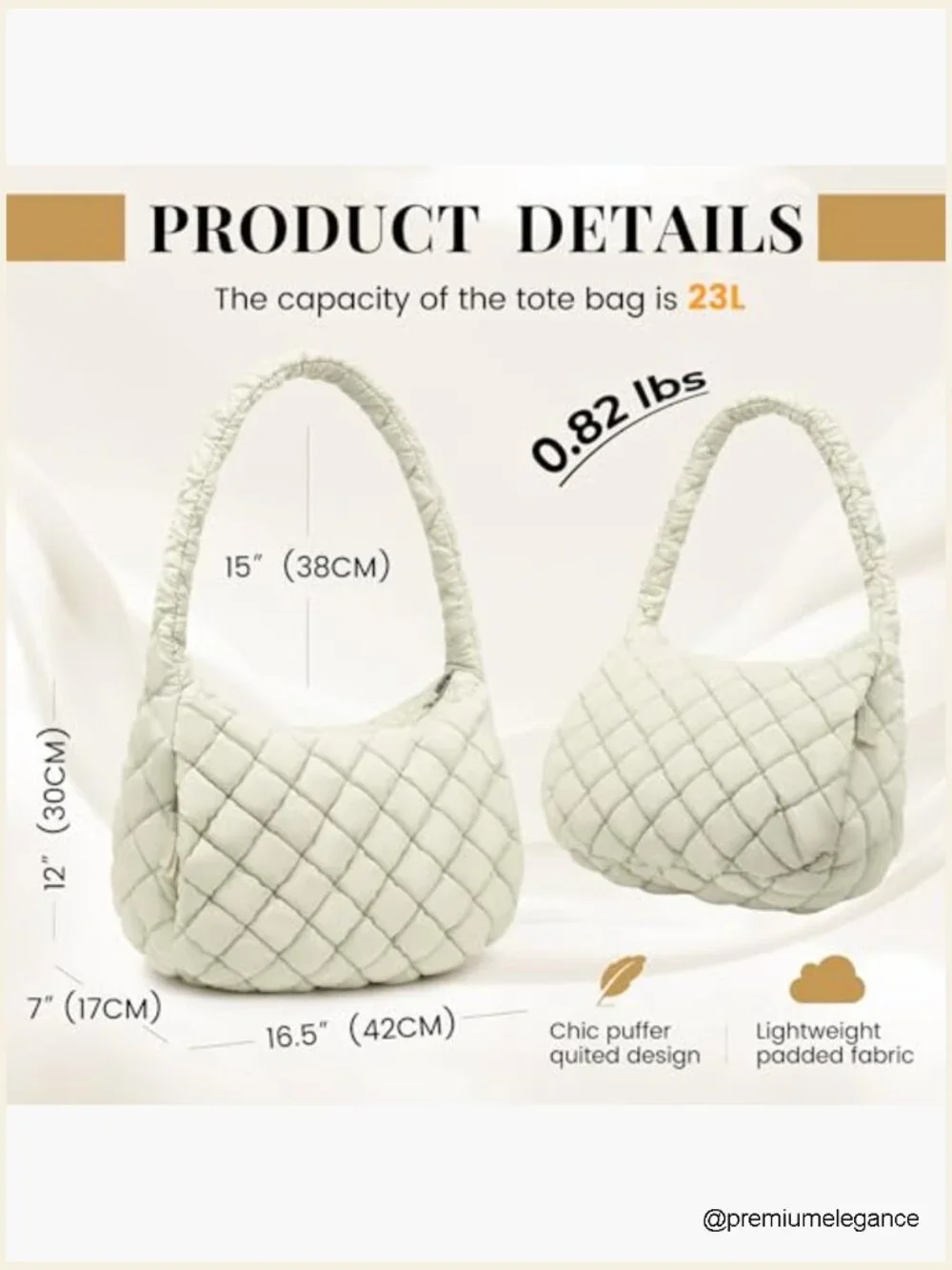 Large Quilted Puffer Tote Bag with Zipper, Lightweight Shoulder Bag for Work - Picture 3 of 7